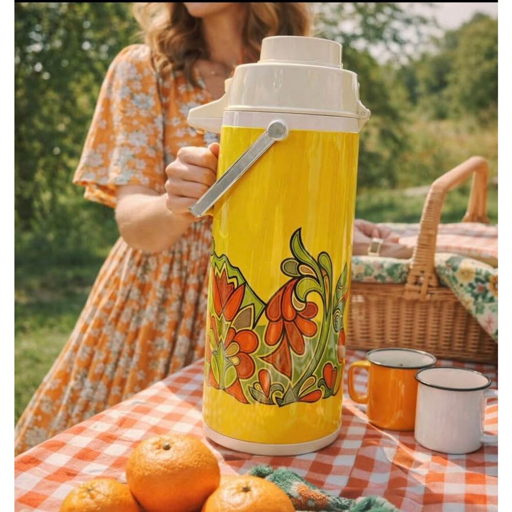 Vintage Peacock Thermos Carafe Floral 1970s Japan Insulated Retro Decor